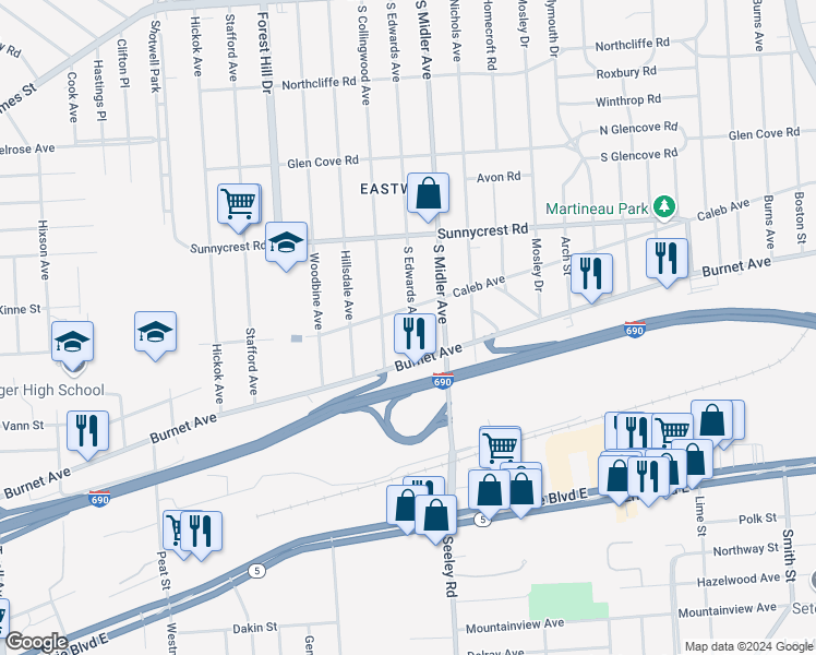 map of restaurants, bars, coffee shops, grocery stores, and more near 516 South Edwards Avenue in Syracuse