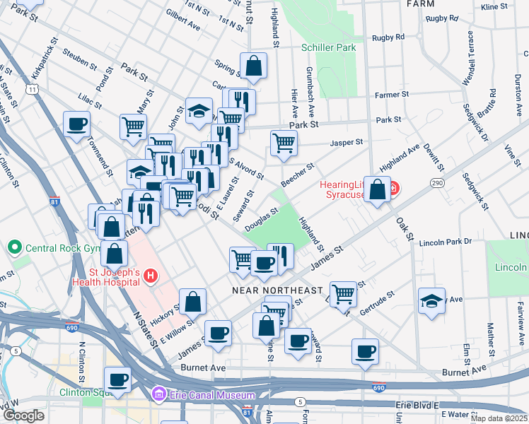 map of restaurants, bars, coffee shops, grocery stores, and more near 121 Douglas Street in Syracuse