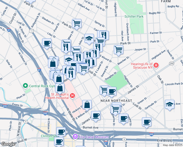 map of restaurants, bars, coffee shops, grocery stores, and more near 702 Catherine Street in Syracuse