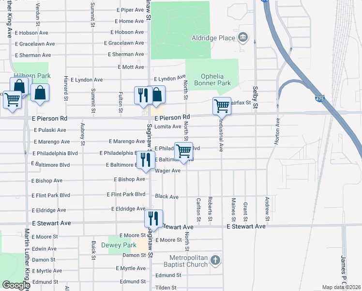 map of restaurants, bars, coffee shops, grocery stores, and more near 768 East Philadelphia Boulevard in Flint