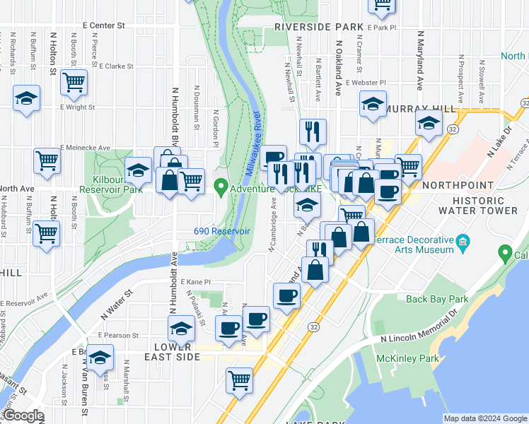 map of restaurants, bars, coffee shops, grocery stores, and more near 2121 North Cambridge Avenue in Milwaukee