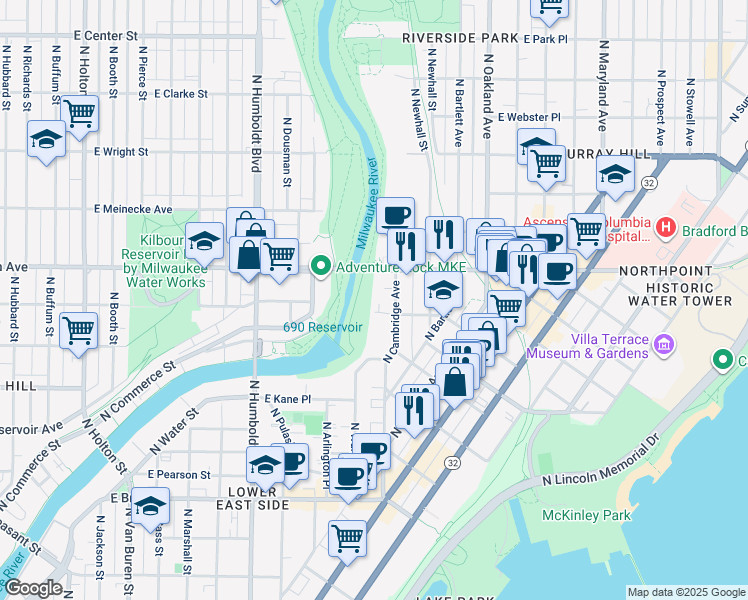 map of restaurants, bars, coffee shops, grocery stores, and more near 2121 North Cambridge Avenue in Milwaukee