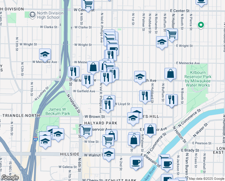 map of restaurants, bars, coffee shops, grocery stores, and more near 2212 North Doctor Martin Luther King Junior Drive in Milwaukee