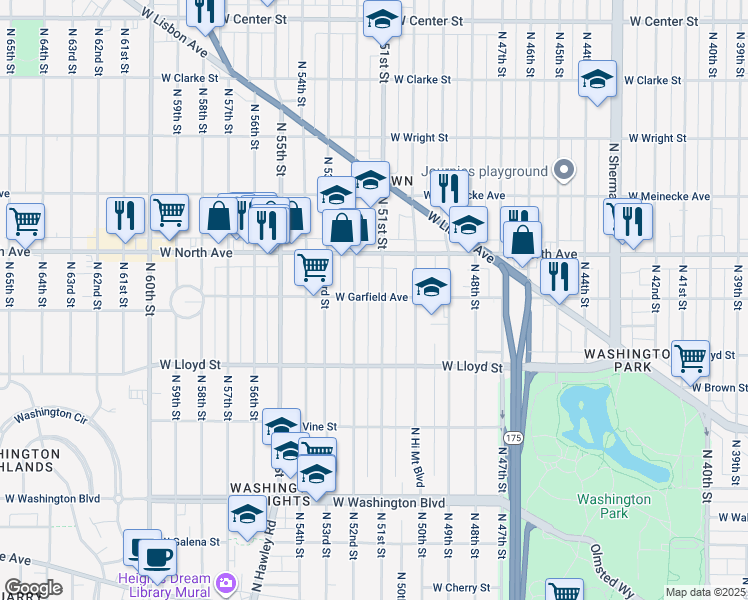 map of restaurants, bars, coffee shops, grocery stores, and more near 2183 North 51st Street in Milwaukee