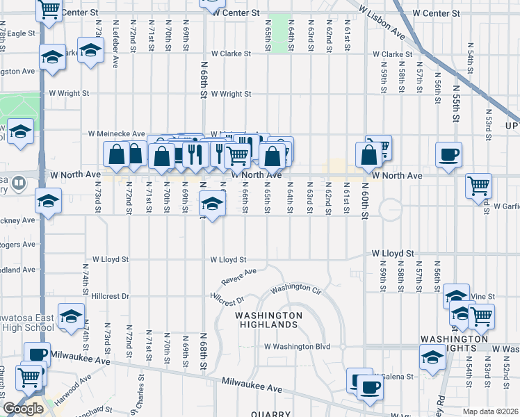 map of restaurants, bars, coffee shops, grocery stores, and more near 6530 West Garfield Avenue in Wauwatosa