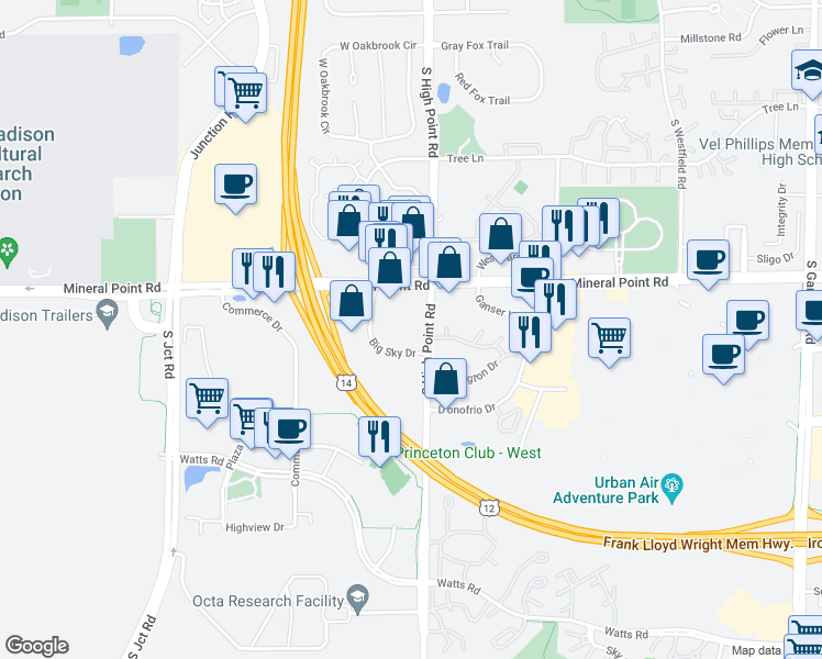 map of restaurants, bars, coffee shops, grocery stores, and more near 7818 Big Sky Drive in Madison