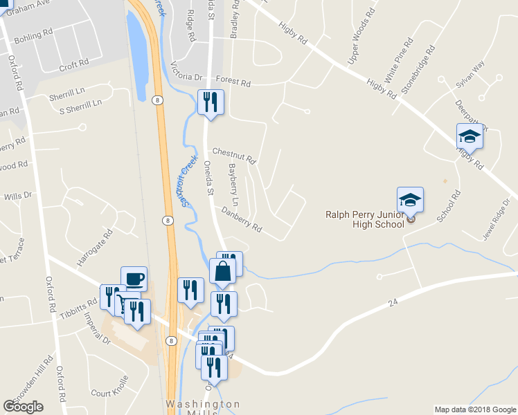map of restaurants, bars, coffee shops, grocery stores, and more near 63 Chestnut Road in New Hartford