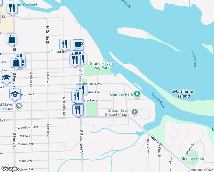 map of restaurants, bars, coffee shops, grocery stores, and more near 1628 Pennoyer Avenue in Grand Haven