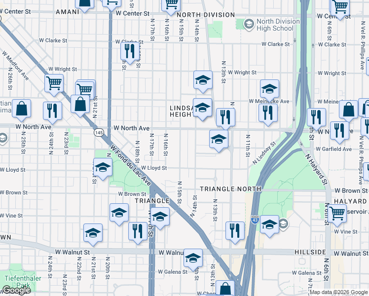 map of restaurants, bars, coffee shops, grocery stores, and more near 2203 North 15th Street in Milwaukee