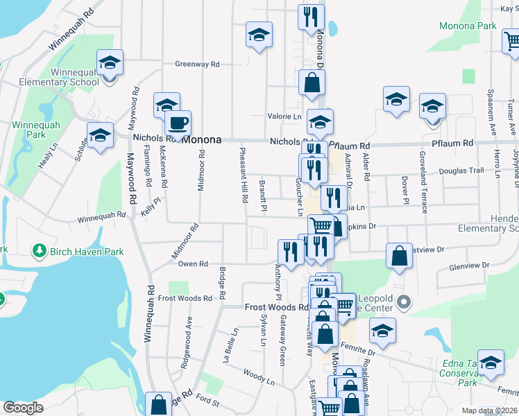 map of restaurants, bars, coffee shops, grocery stores, and more near 5516 Brandt Place in Monona