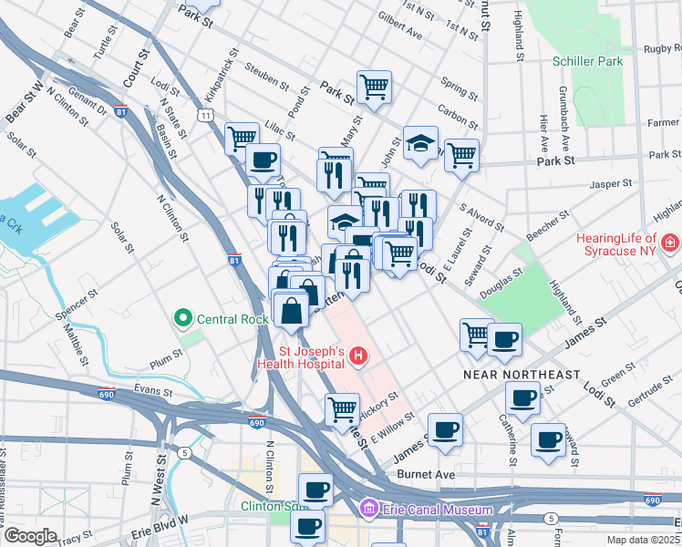 map of restaurants, bars, coffee shops, grocery stores, and more near 810 North Townsend Street in Syracuse