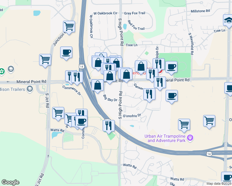 map of restaurants, bars, coffee shops, grocery stores, and more near 7818 Big Sky Drive in Madison