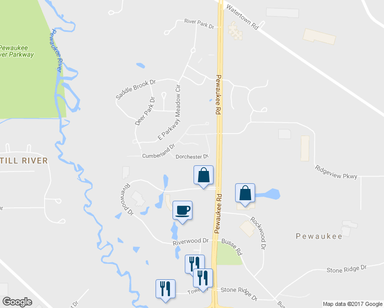map of restaurants, bars, coffee shops, grocery stores, and more near N21W24122 Dorchester Drive in Pewaukee