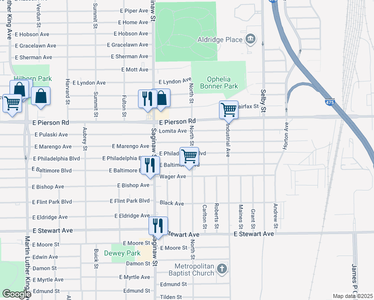 map of restaurants, bars, coffee shops, grocery stores, and more near 768 East Philadelphia Boulevard in Flint