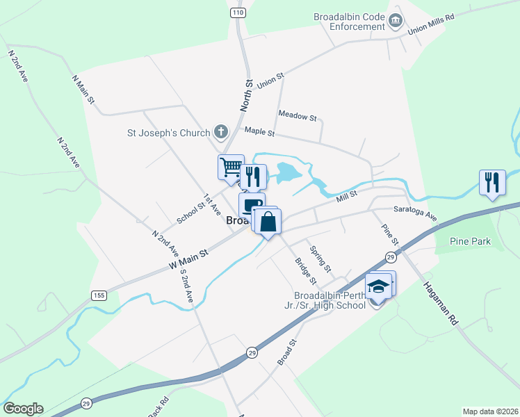 map of restaurants, bars, coffee shops, grocery stores, and more near in Broadalbin