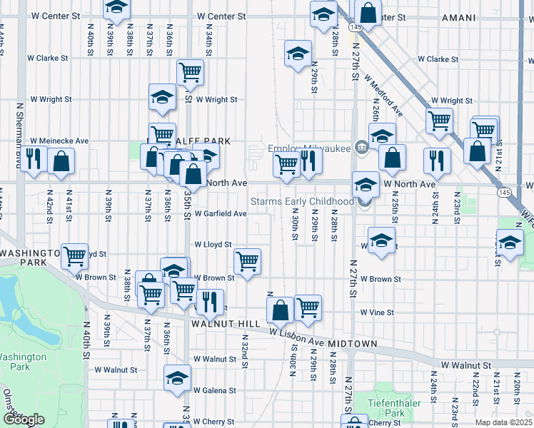 map of restaurants, bars, coffee shops, grocery stores, and more near W Garfield Ave & N 31st St in Milwaukee