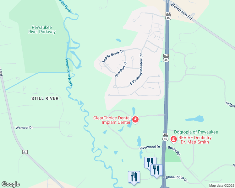 map of restaurants, bars, coffee shops, grocery stores, and more near N21W24281 Cumberland Drive in Pewaukee