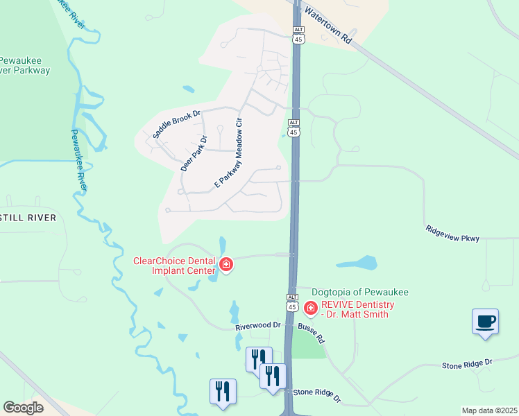 map of restaurants, bars, coffee shops, grocery stores, and more near N21W24122 Dorchester Drive in Pewaukee