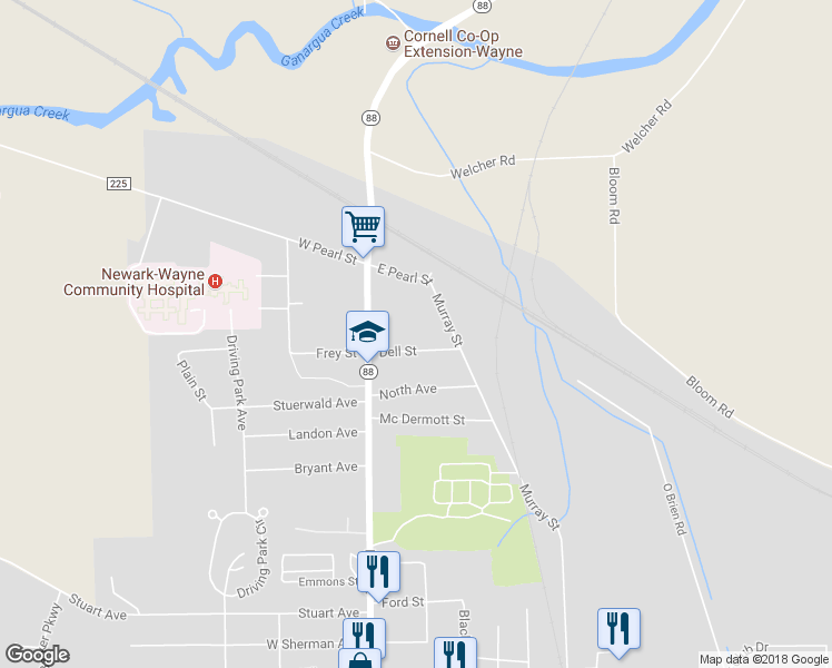 map of restaurants, bars, coffee shops, grocery stores, and more near 118 Dell Street in Newark