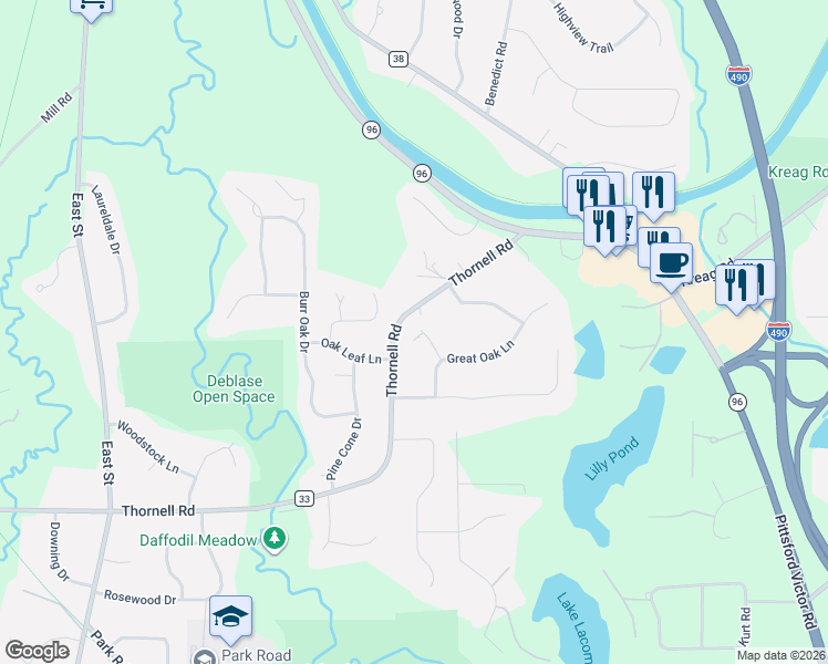 map of restaurants, bars, coffee shops, grocery stores, and more near 3 Risewood Lane in Pittsford
