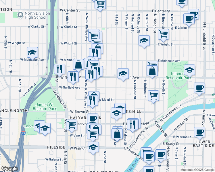 map of restaurants, bars, coffee shops, grocery stores, and more near 125 West Garfield Avenue in Milwaukee