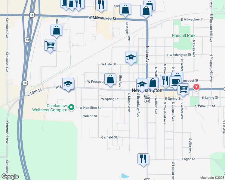 map of restaurants, bars, coffee shops, grocery stores, and more near 508 W Main St in New Hampton