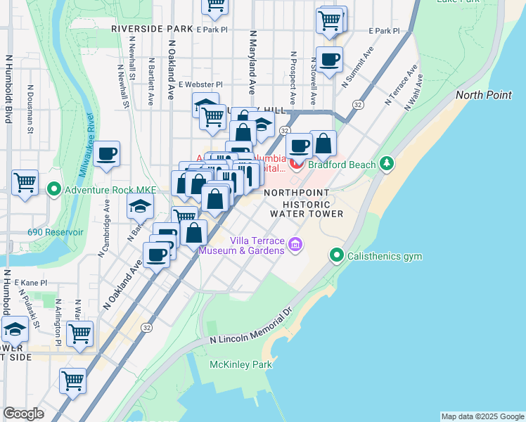 map of restaurants, bars, coffee shops, grocery stores, and more near 2260 North Summit Avenue in Milwaukee