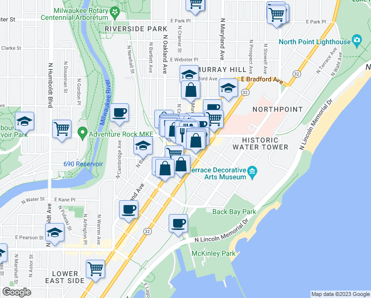 map of restaurants, bars, coffee shops, grocery stores, and more near N Farwell Ave & E Kenilworth Pl in Milwaukee