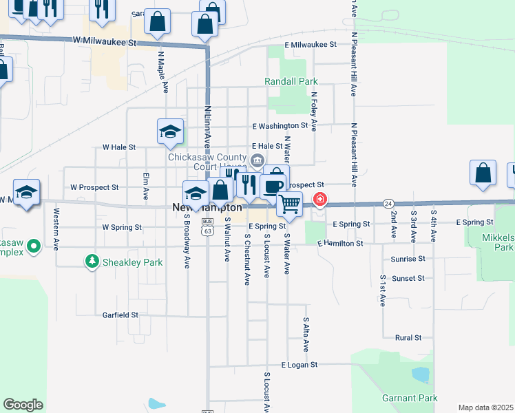 map of restaurants, bars, coffee shops, grocery stores, and more near 15 East Main Street in New Hampton