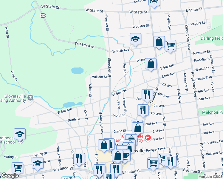 map of restaurants, bars, coffee shops, grocery stores, and more near 74 West 8th Avenue in Gloversville