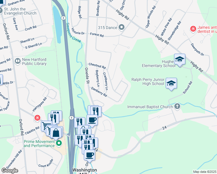 map of restaurants, bars, coffee shops, grocery stores, and more near 72 Chestnut Road in New Hartford