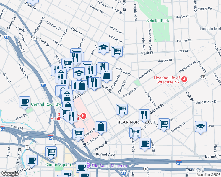 map of restaurants, bars, coffee shops, grocery stores, and more near 702 Catherine Street in Syracuse