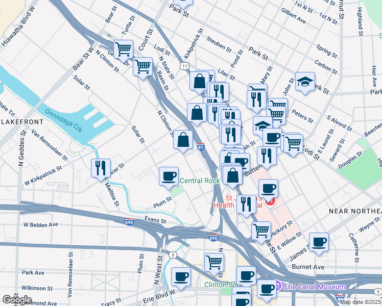 map of restaurants, bars, coffee shops, grocery stores, and more near 689 North Clinton Street in Syracuse