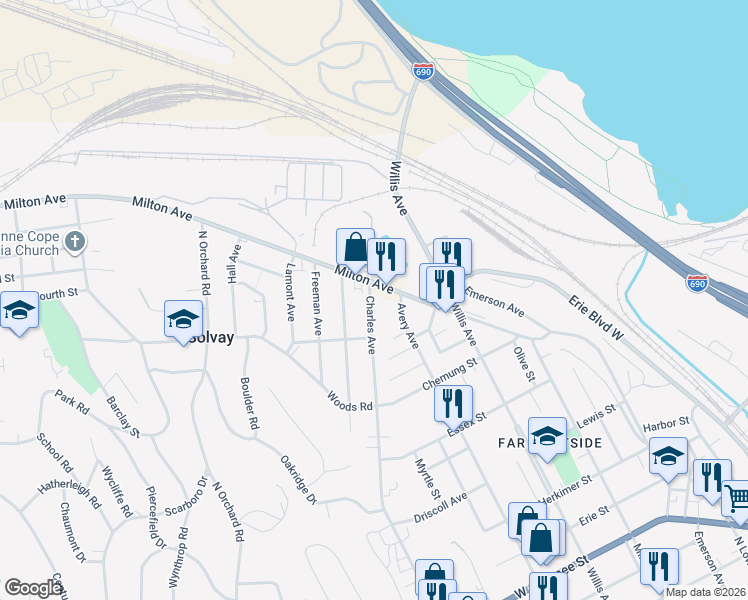 map of restaurants, bars, coffee shops, grocery stores, and more near 113 Charles Avenue in Syracuse