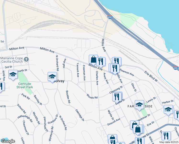 map of restaurants, bars, coffee shops, grocery stores, and more near 119 Caroline Avenue in Syracuse