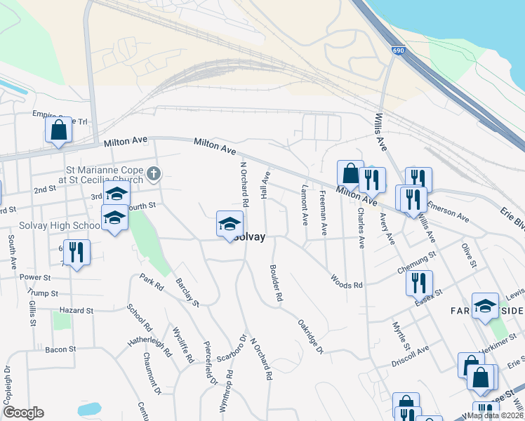 map of restaurants, bars, coffee shops, grocery stores, and more near 313 Hall Avenue in Solvay