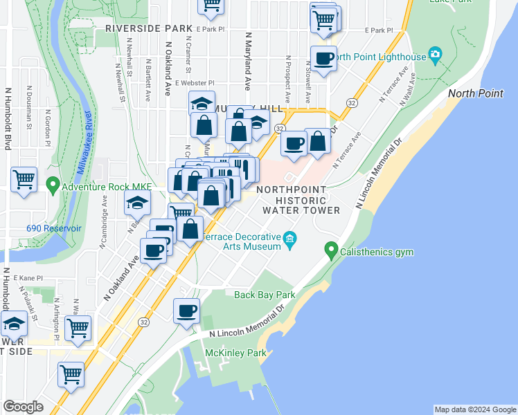 map of restaurants, bars, coffee shops, grocery stores, and more near 2245 North Lake Drive in Milwaukee