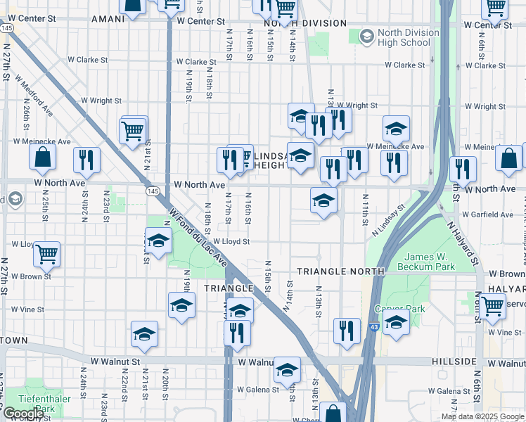 map of restaurants, bars, coffee shops, grocery stores, and more near 2203 North 15th Street in Milwaukee