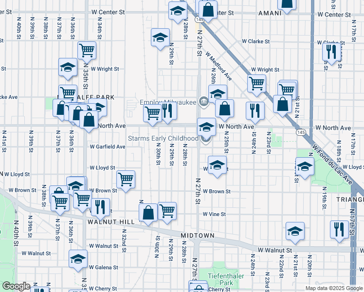 map of restaurants, bars, coffee shops, grocery stores, and more near 2148 North 29th Street in Milwaukee
