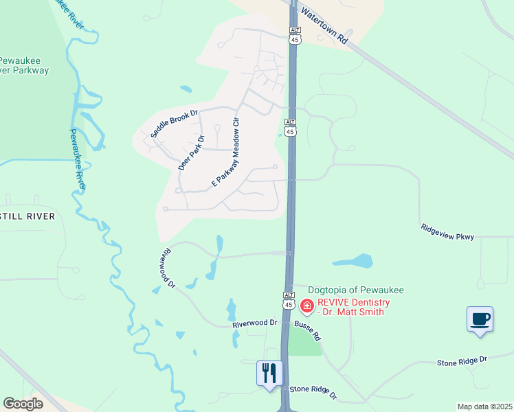 map of restaurants, bars, coffee shops, grocery stores, and more near N21W24122 Dorchester Drive in Pewaukee