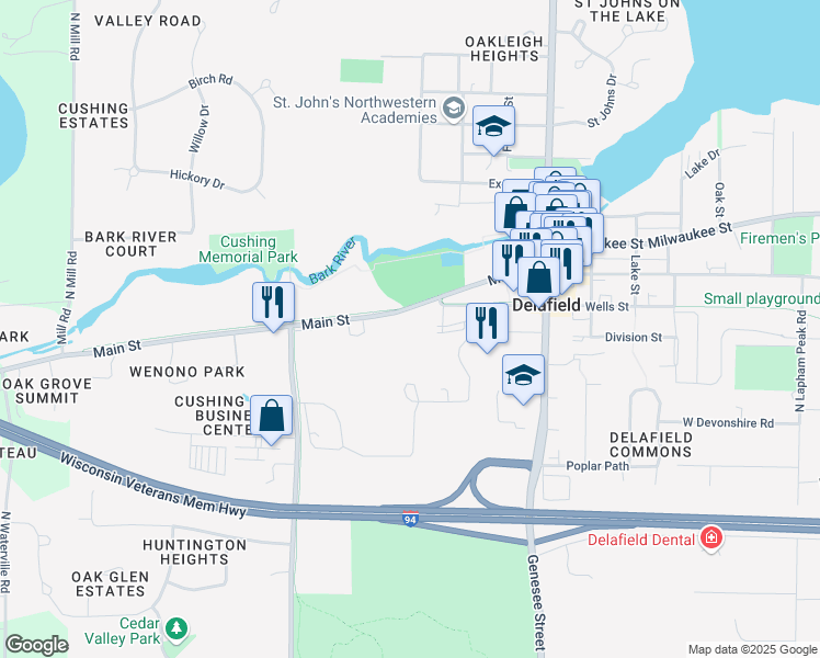 map of restaurants, bars, coffee shops, grocery stores, and more near 226 Main Street in Delafield