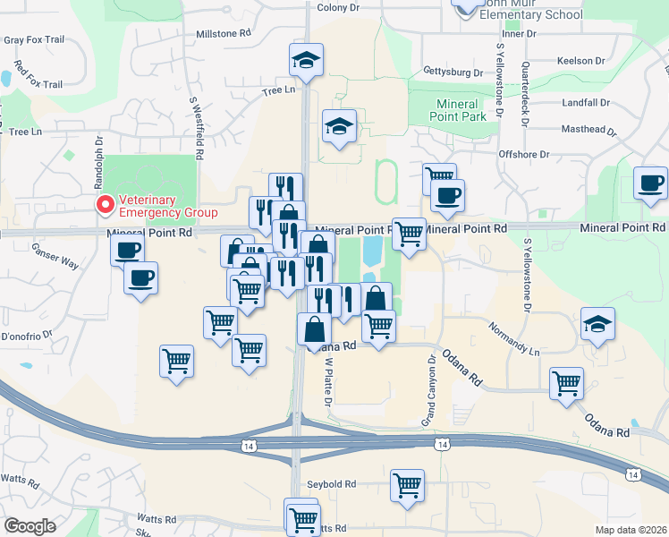 map of restaurants, bars, coffee shops, grocery stores, and more near 434 Gammon Place in Madison