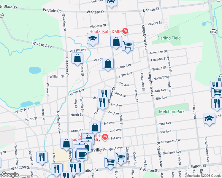 map of restaurants, bars, coffee shops, grocery stores, and more near 294 North Main Street in Gloversville