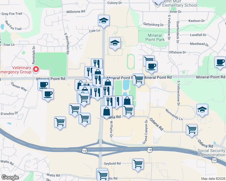 map of restaurants, bars, coffee shops, grocery stores, and more near 430 Gammon Place in Madison