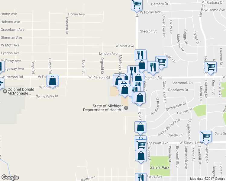 map of restaurants, bars, coffee shops, grocery stores, and more near 2629 West Pierson Road in Flint