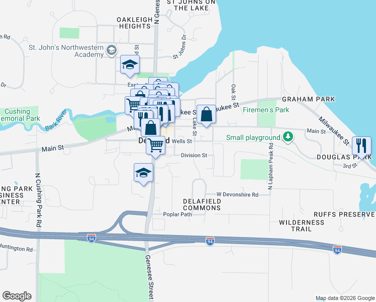 map of restaurants, bars, coffee shops, grocery stores, and more near 758 Division Street in Delafield