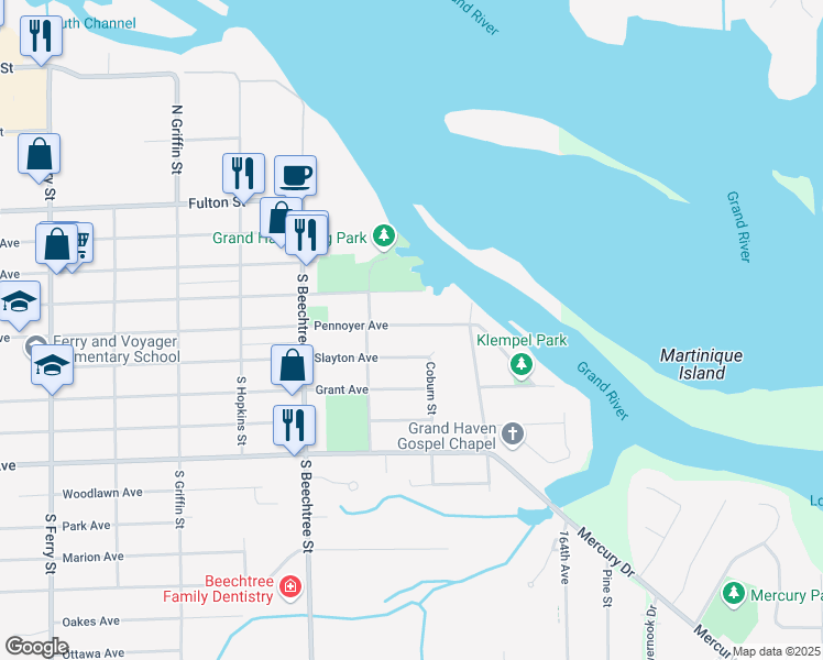 map of restaurants, bars, coffee shops, grocery stores, and more near 1636 Pennoyer Avenue in Grand Haven