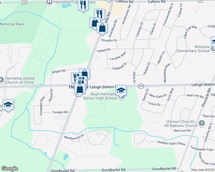 map of restaurants, bars, coffee shops, grocery stores, and more near 1766 Lehigh Station Road in Henrietta