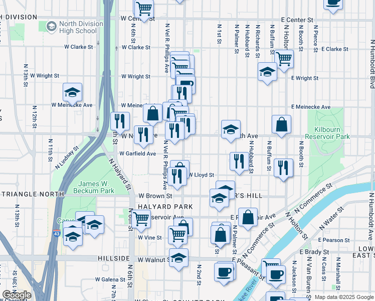 map of restaurants, bars, coffee shops, grocery stores, and more near 2212 North Doctor Martin Luther King Junior Drive in Milwaukee