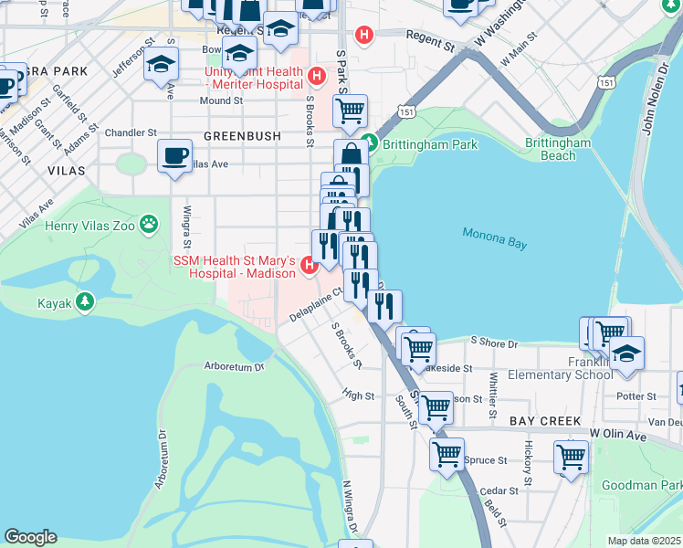 map of restaurants, bars, coffee shops, grocery stores, and more near 700 South Park Street in Madison